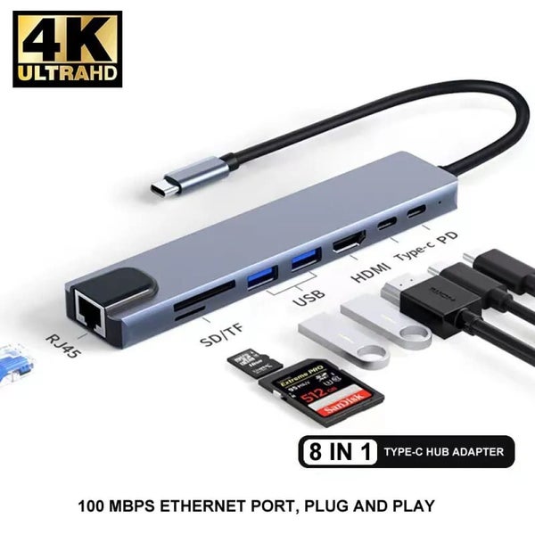 8 in 1 Type c 3.1 to 4k Hdmi Hub Adapter with Sd Tf Rj45 Card Reader Pd Fast ... Carousel 2