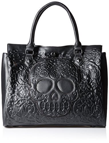 LOUNGEFLY Black Embossed Skull Day of The Dead Large Satchel/Tote Bag Carousel 1