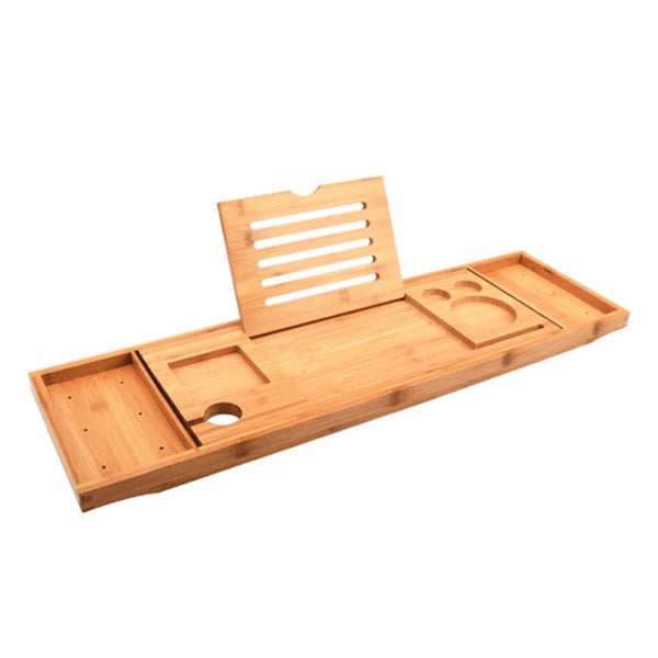 Luxury Adjustable Bamboo Bath Tray Caddy - Spa Book Wine & Accessories Holder Carousel 1