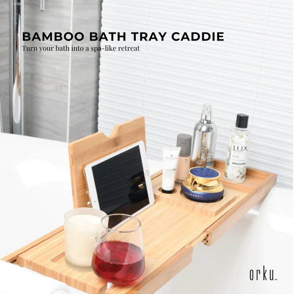 Luxury Adjustable Bamboo Bath Tray Caddy - Spa Book Wine & Accessories Holder Carousel 2