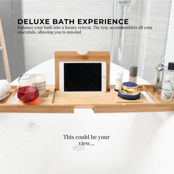 Luxury Adjustable Bamboo Bath Tray Caddy - Spa Book Wine & Accessories Holder Carousel 7