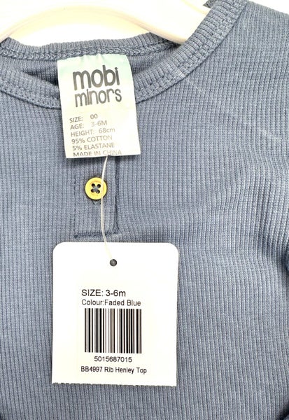 Mobi Minors Faded Blue Rib Henley L/Sleeve Top 3-6Months #25 (B10 Shelf) Carousel 2