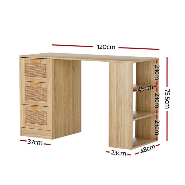 Computer Desk Drawer Shelf Home Office Study Table Rattan Oak 120cm Carousel 2