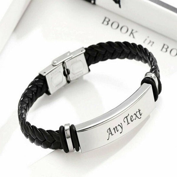 Personalised Stainless Steel Leather Bracelet Bangle Custom Name Gift for Mens Carousel 1