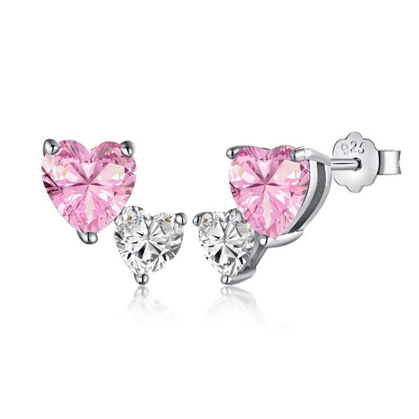 ANYCO Earrings 925 Silver Pink Heart Shape Diamond Stud Style Zirconia Fashio... Carousel 1