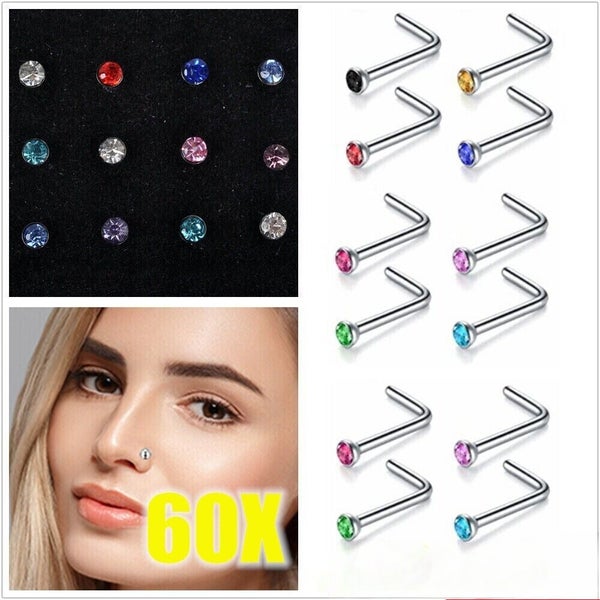 60PCS Stainless Steel Crystal Nose Studs Straight Nose Pin Nose Piercing Rings A Carousel 1