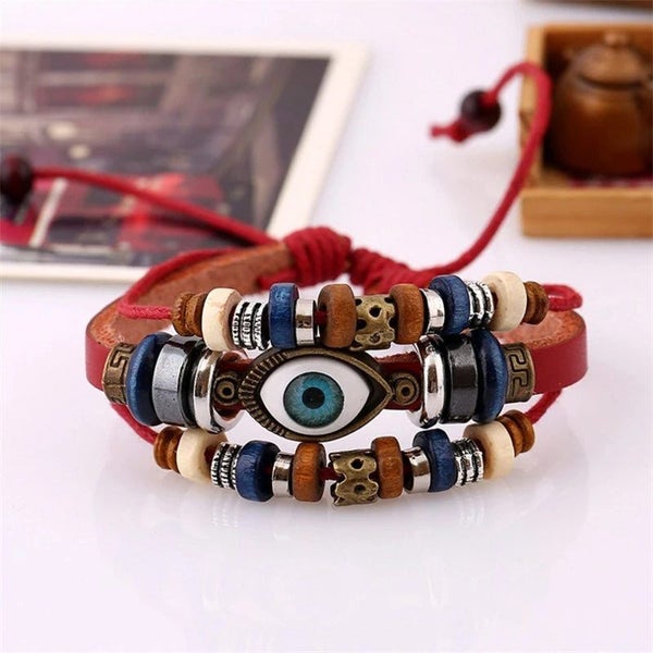 Women Men Ethnic Tribal Leather Bracelet Braided Beaded Evil Eye Wristband Gift Carousel 1