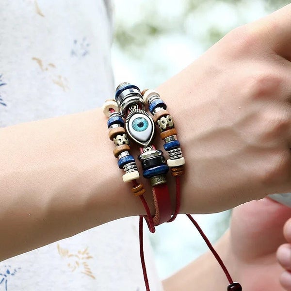 Women Men Ethnic Tribal Leather Bracelet Braided Beaded Evil Eye Wristband Gift Carousel 2
