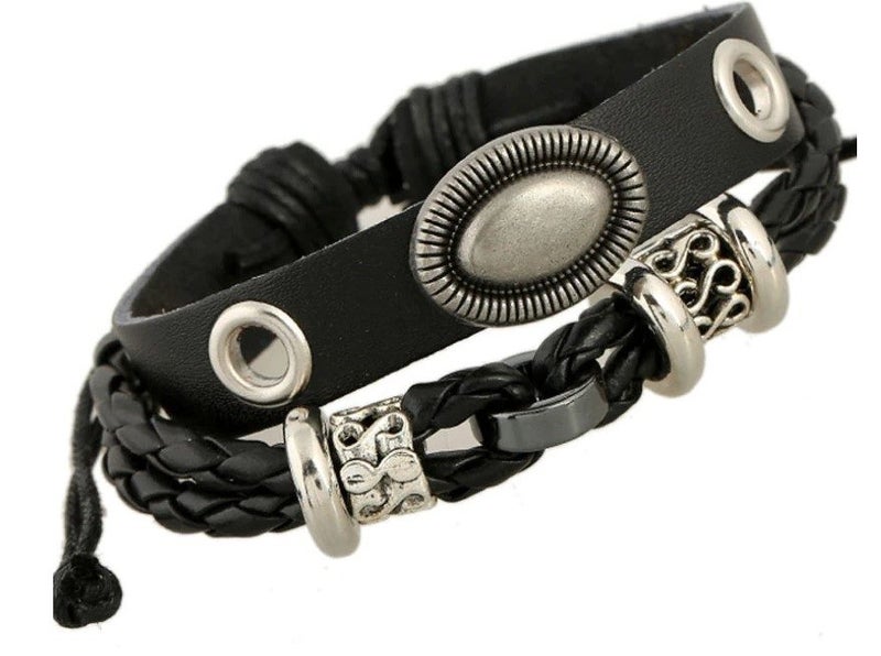 Leather Bracelet - Black & Alloy Charms Rivet Holes Multi layer Carousel 1