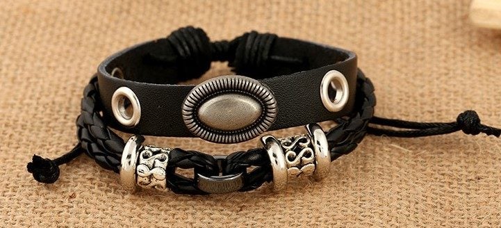 Leather Bracelet - Black & Alloy Charms Rivet Holes Multi layer Carousel 2