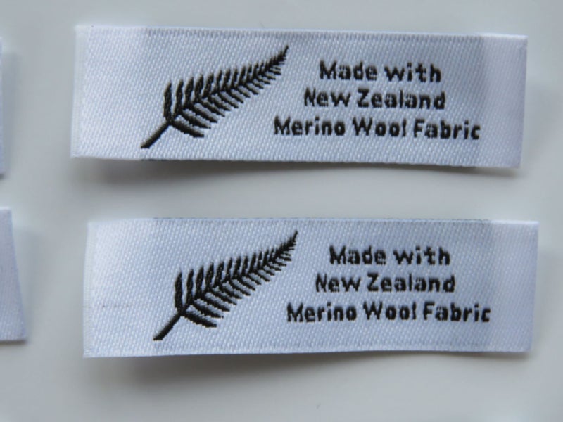 10 Fern symbol White Made with NZ Merino wool fabric woven labels 50 x 15mm Carousel 2