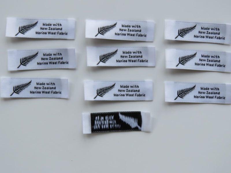 10 Fern symbol White Made with NZ Merino wool fabric woven labels 50 x 15mm Carousel 1