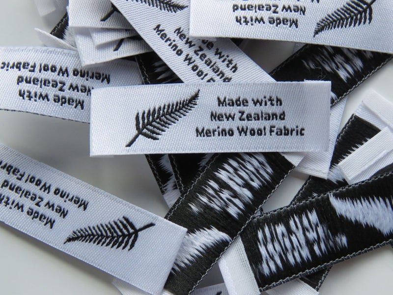 10 Fern symbol White Made with NZ Merino wool fabric woven labels 50 x 15mm Carousel 6