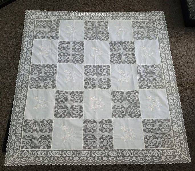 Vintage Poly Cotton & Lace Tablecloth Cream 136cm x 131cm Carousel 1