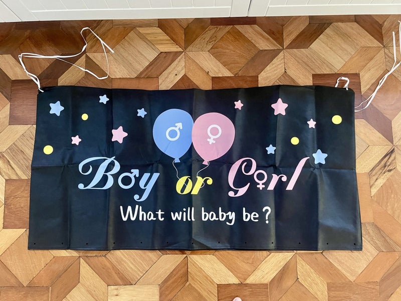 Gender reveal party stickers, balloon banner, big balloon and confettis Carousel 1