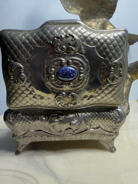 Antique Italian Rococo Chased Casket Box & Ceramic Cabochon with Lustre Glaze Carousel 1