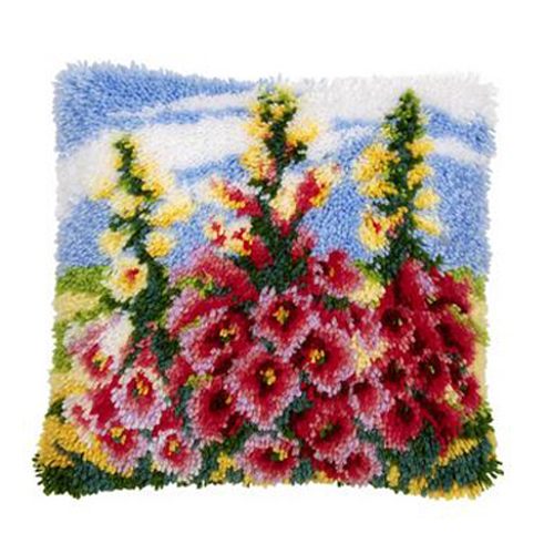 Latch Hook Hollyhocks Cushion with Canvas Hook and Threads Kit Carousel 1