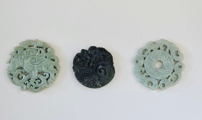 A Trio of Antique Chinese Carved/Pierced Jade Feng Shui Yubi bi Pendants. Carousel 1