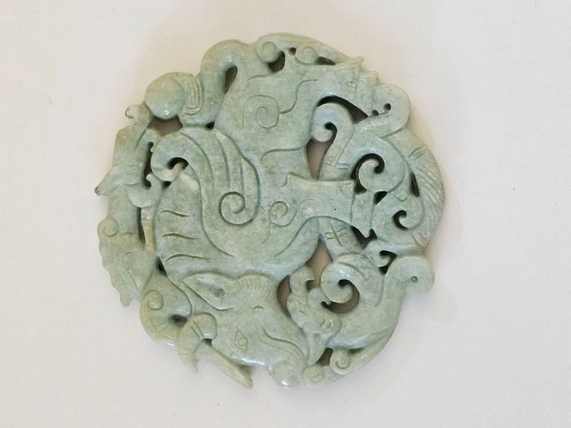 A Trio of Antique Chinese Carved/Pierced Jade Feng Shui Yubi bi Pendants. Carousel 2