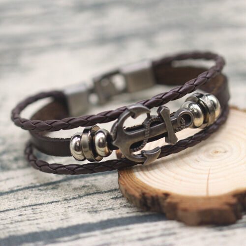 Mens Womens Braided Leather Bracelet Stainless Steel Clasp Wristband Jewelry Set Carousel 2