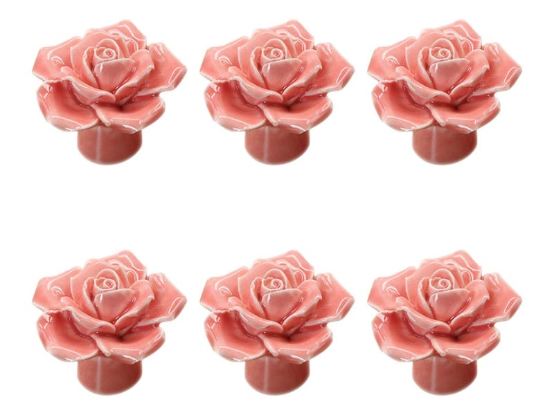 6 Knobs - Vintage Ceramic Rose Flower Door Knob Drawer Cupboard Pink Carousel 1