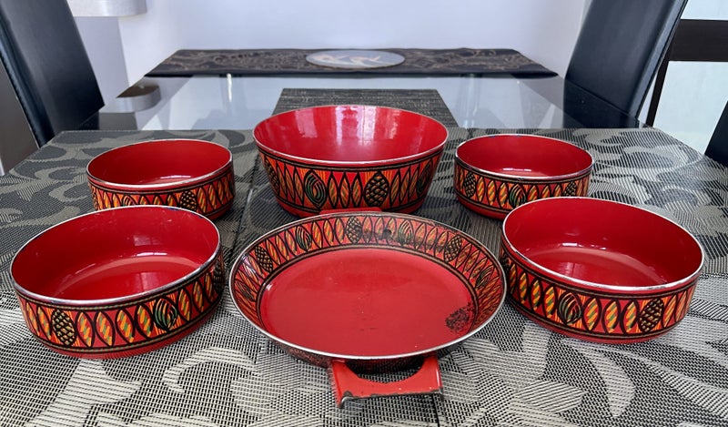 1960s Red Enamel Dinnerware: 4 Bowls, 1 Serving Bowl, Double Handled Sauté Pan Carousel 1