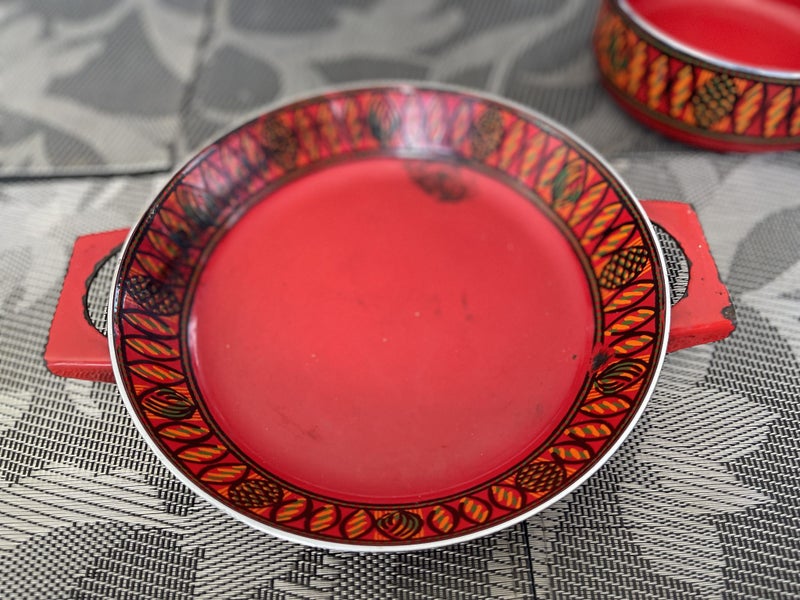 1960s Red Enamel Dinnerware: 4 Bowls, 1 Serving Bowl, Double Handled Sauté Pan Carousel 2