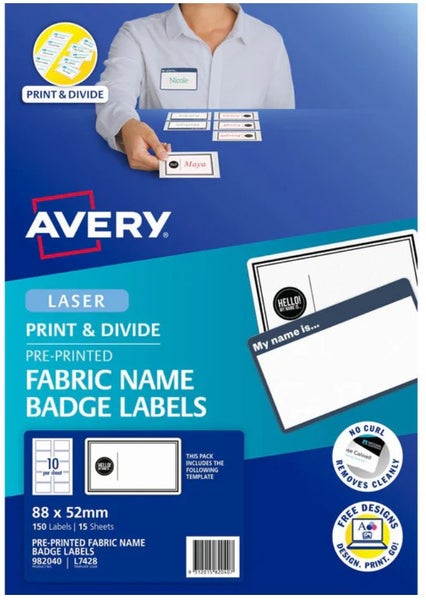 Avery "Hello! My Name Is" Fabric Print & Divide 88x52mm 150 Labels L7428 Carousel 1