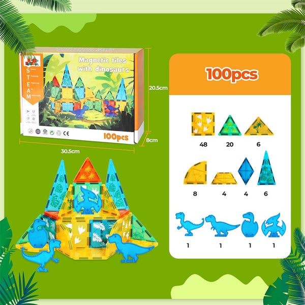 Bopeep Magnetic Tiles Blocks Dinosaur Toys Building Play for Kids STEM 100PCS Carousel 10