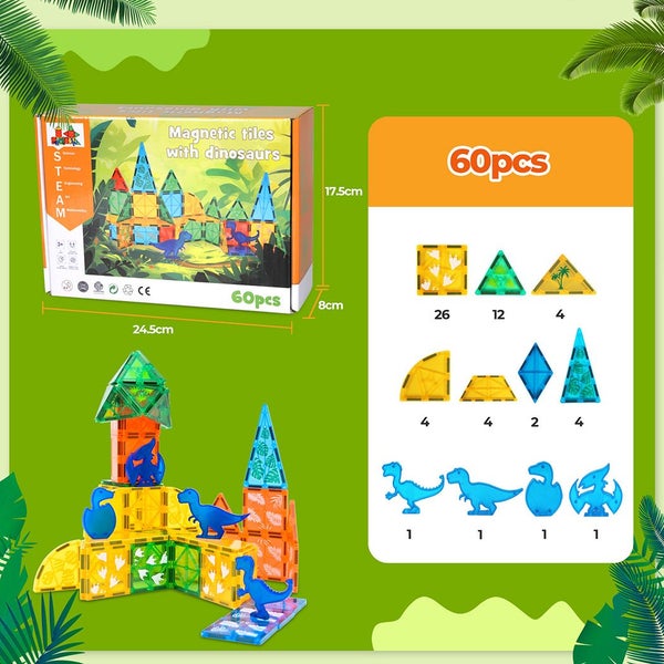 Bopeep Magnetic Tiles Blocks Dinosaur Toys Building Play for Kids STEM 60PCS Carousel 10