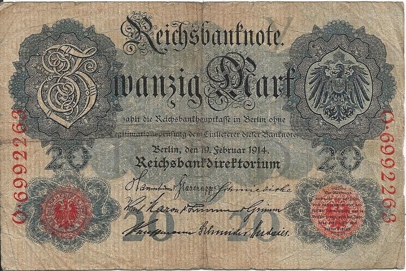 GERMANY 1914 BANKNOTE 20 Mark Fine Carousel 1
