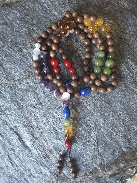 CHAKRA CRYSTALS & SANDALWOOD MALA BEADS PURITY TRUTH WISDOM HEALING (NZ MADE) Carousel 1