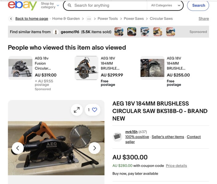 RRP A$300-AEG 18V Brushless 7 1/4" Circular Saw 184mm —-good working condition Carousel 2