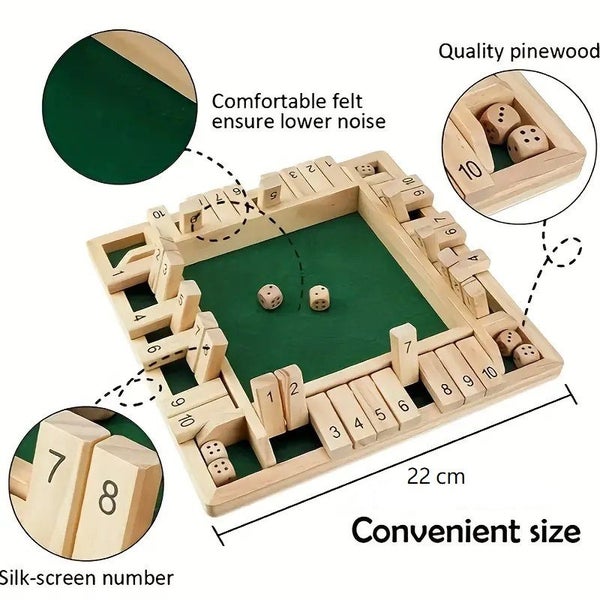 4-Way Shut The Box Dice Game - Wooden Board for 2-4 Players Carousel 10