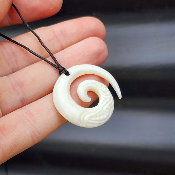 Natural Hand Carved Maori Bone Carving Pendant Necklace - Etched Koru Carousel 2