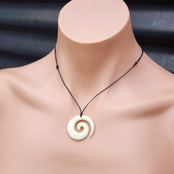 Natural Hand Carved Maori Bone Carving Pendant Necklace - Etched Koru Carousel 4