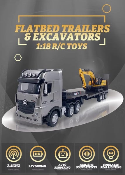 HUINA 1522 1:18 GREY FLATBED TRUCK with Static Digger (Hui Na) Carousel 1