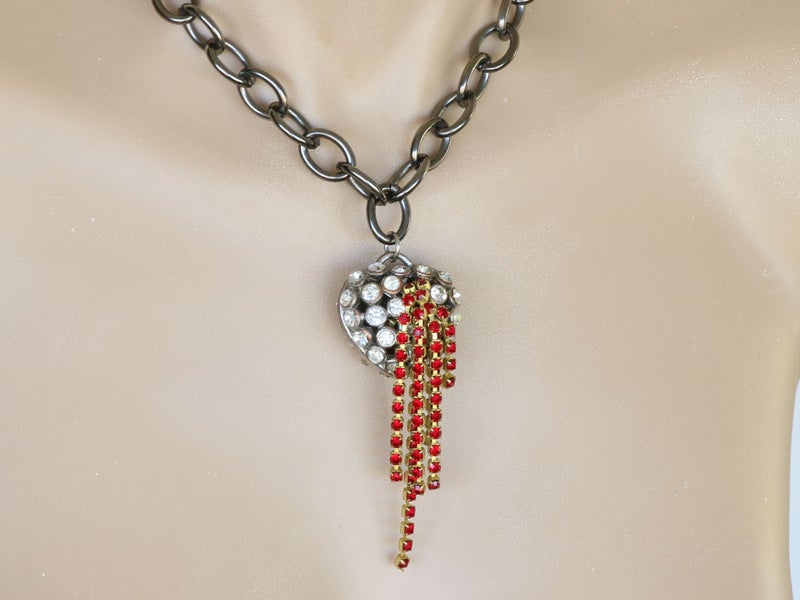 Artisan bleeding heart bling statement necklace 3 dimensional in diamantes Carousel 2