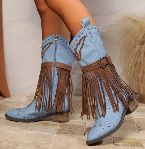 SALE Womens Sz 8 (True to size) Tassel Western Blue Boots Cowgirl Vegan Leather Carousel 5