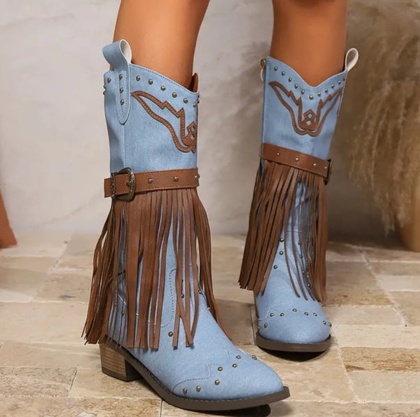 SALE Womens Sz 8 (True to size) Tassel Western Blue Boots Cowgirl Vegan Leather Carousel 1