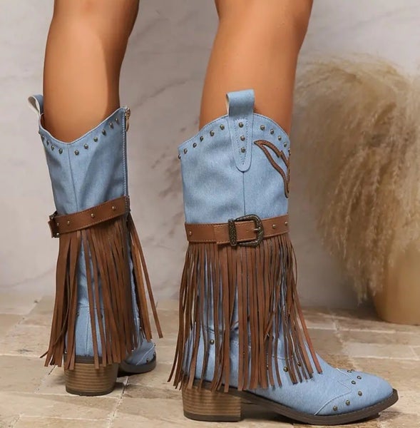 SALE Womens Sz 8 (True to size) Tassel Western Blue Boots Cowgirl Vegan Leather Carousel 2