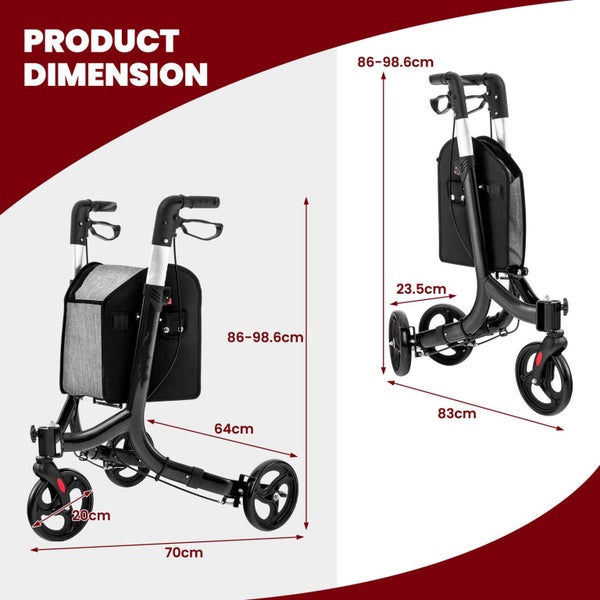 3 Wheel Rollator Walker Folding Aluminum Rolling Walker w/ Zippered Storage Bag Carousel 9