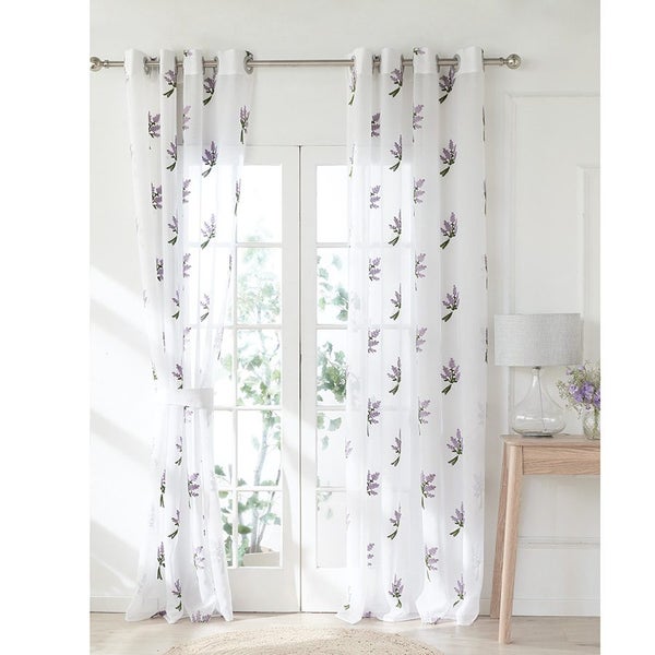 Eyelet Curtain Lavender Sprig - set of 2 sheer embroidered curtains Carousel 1