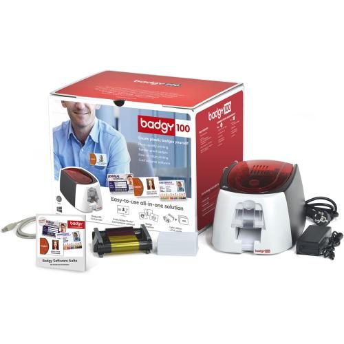 EVOLIS Badgy100 USB Card Printer Starter Kit (50 x 0.76mm blank white cards and Carousel 1