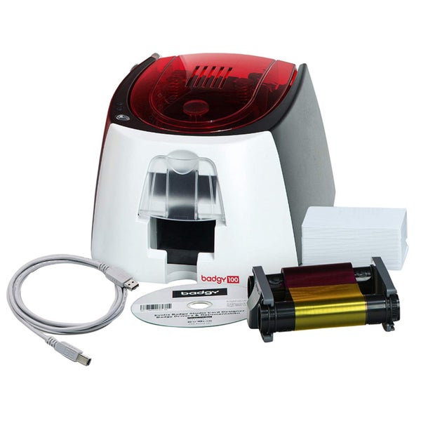 EVOLIS Badgy100 USB Card Printer Starter Kit (50 x 0.76mm blank white cards and Carousel 2