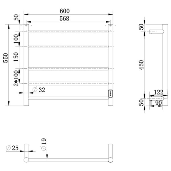 5 Bar 600mm Round Profile Heated Towel Rail With Timer - Chrome Carousel 4