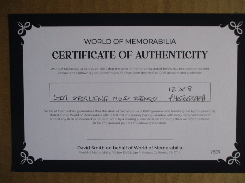 Sir Stirling Moss "Formula One Driver" signed large photograph + certificate Carousel 9