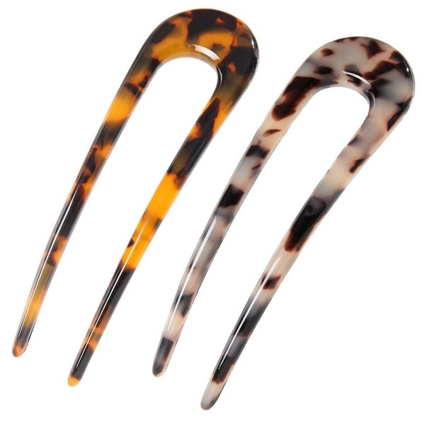 2-Pack French Style U Shaped Hair Pin Fork Sticks - Cellulose Acetate Tortoise Carousel 1
