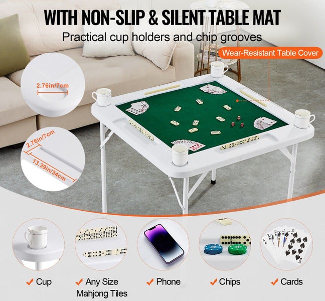 New Mahjong Table 4 Player Folding Card Table & Table Mat Cup Holder Chip Tray Carousel 2