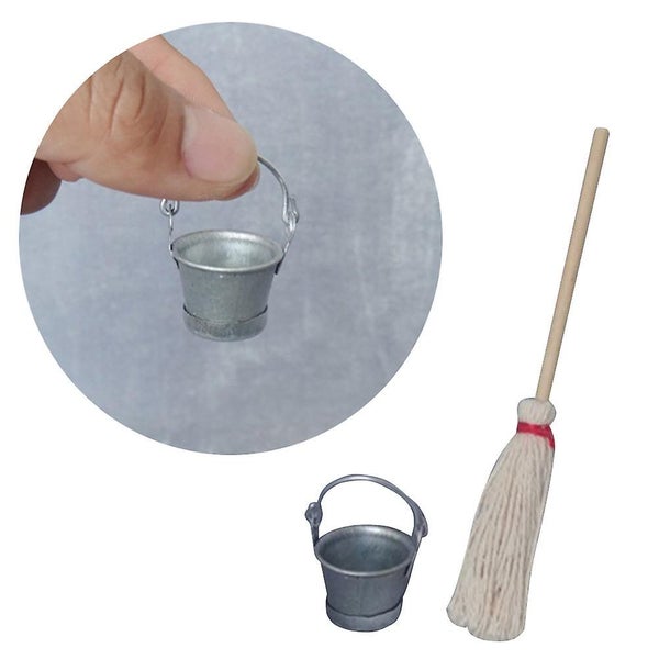 2 Pcs Miniture Decoration Miniature Mop Bucket Mini Bucket Decor Mini Mop Deco Carousel 2